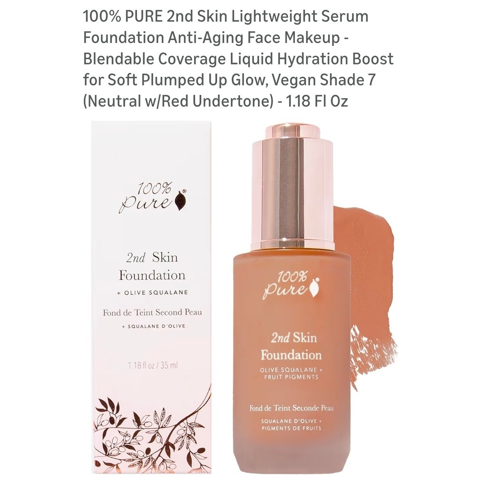 100% PURE 2nd Skin Foundation Shade 7 Neutral Red Undertone Serum Makeup 1.18oz